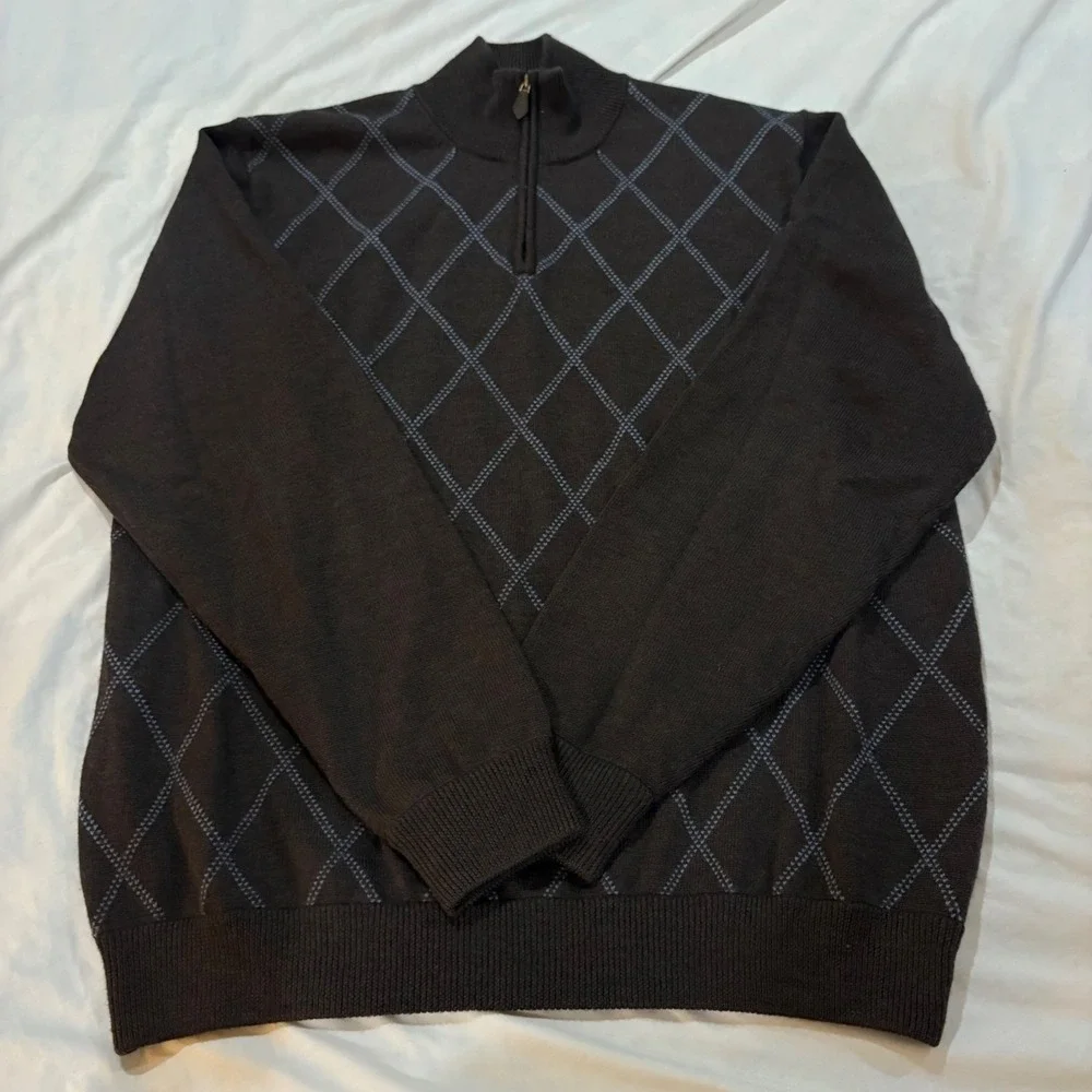 Brooks Brothers Merino Wool Quarter Zip Sweater Brown Argyle Diamond Mens XL